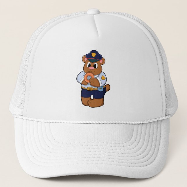 Bear as Police officer with Police uniform & Donut Trucker Hat (Front)