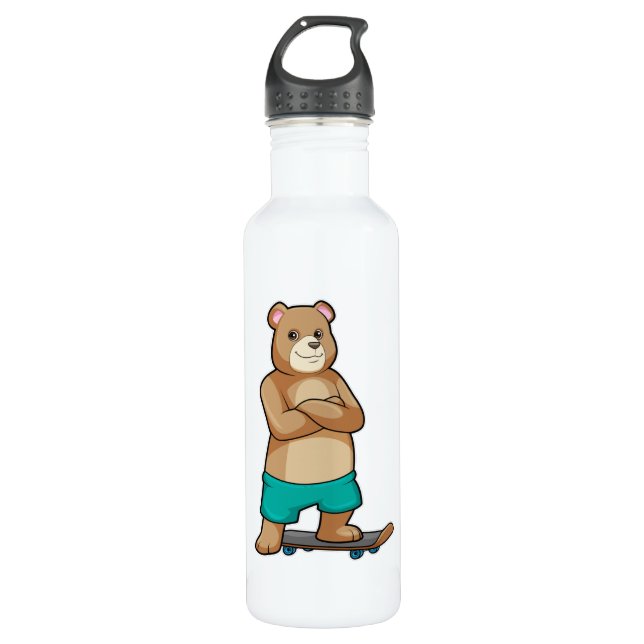 Bear as Skater with Skateboard Stainless Steel Water Bottle (Front)