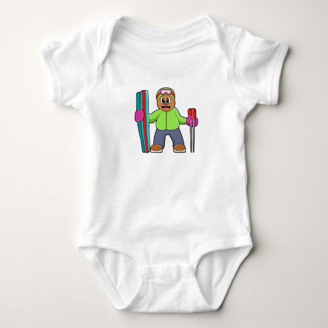 Bear as Skier with Ski & Ski poles Baby Bodysuit (Front)