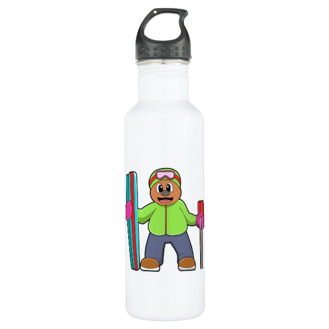 Bear as Skier with Ski & Ski poles Stainless Steel Water Bottle (Front)