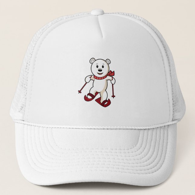 Bear as Skier with Skis & Ski poles Trucker Hat (Front)