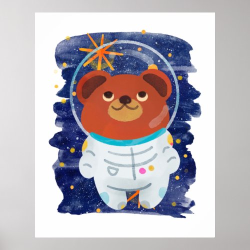 Bear Astronaut Floating Space Stars Watercolor Poster