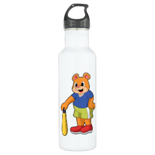 Bear at Baseball with Baseball bat Stainless Steel Water Bottle