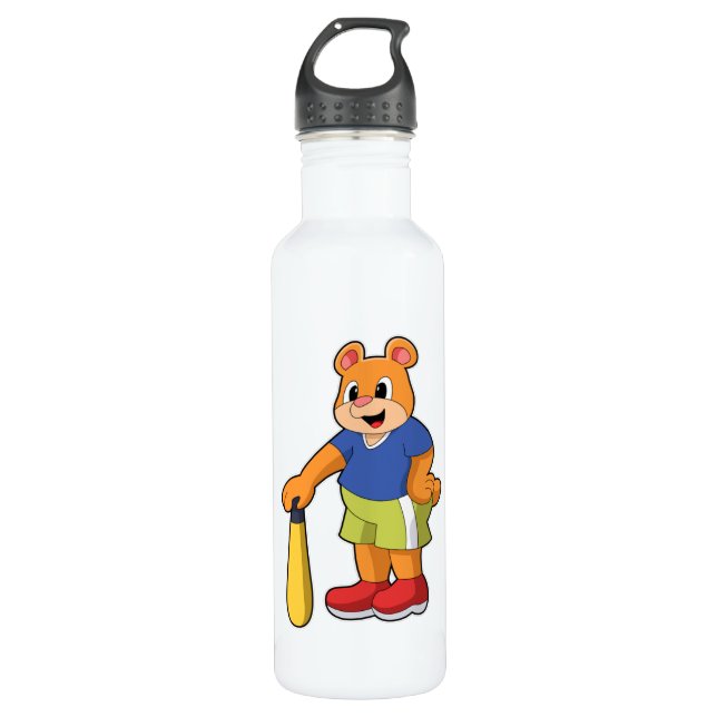Bear at Baseball with Baseball bat Stainless Steel Water Bottle (Front)