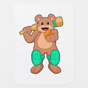 Bear at Cricket with Cricket bat Baby Blanket