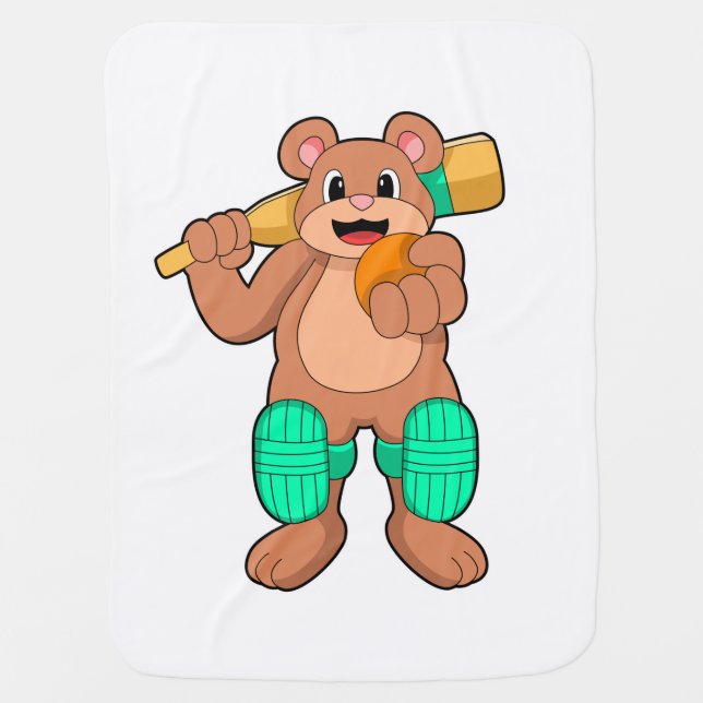 Bear at Cricket with Cricket bat Baby Blanket (Front)