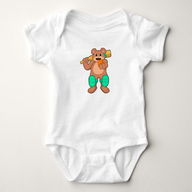 Bear at Cricket with Cricket bat Baby Bodysuit (Front)
