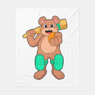 Bear at Cricket with Cricket bat Fleece Blanket