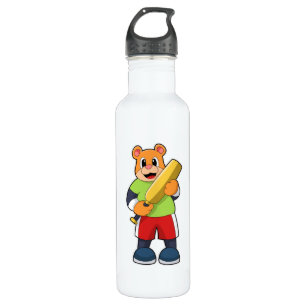 Bear at Cricket with Cricket bat Stainless Steel Water Bottle