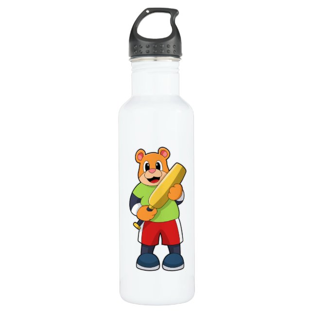 Bear at Cricket with Cricket bat Stainless Steel Water Bottle (Front)
