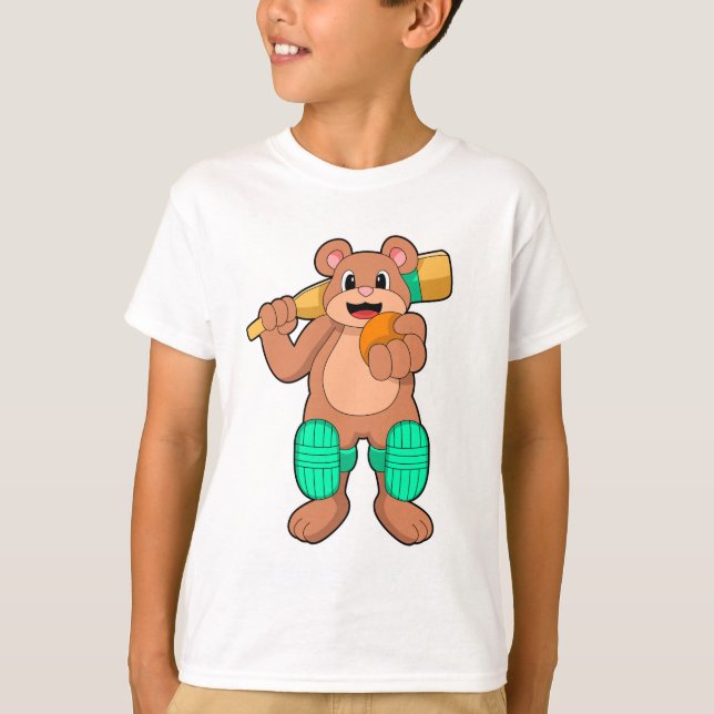 Bear at Cricket with Cricket bat T-Shirt (Front)