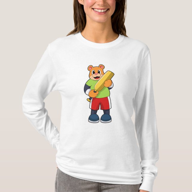 Bear at Cricket with Cricket bat T-Shirt (Front)