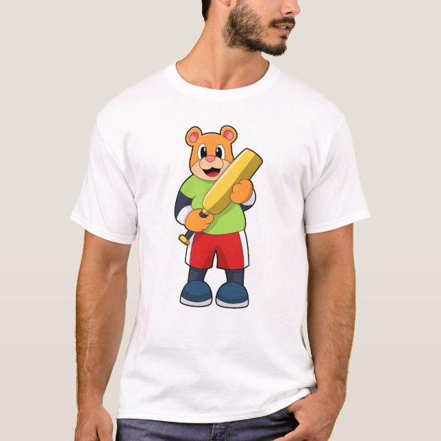 Bear at Cricket with Cricket bat T-Shirt (Front)