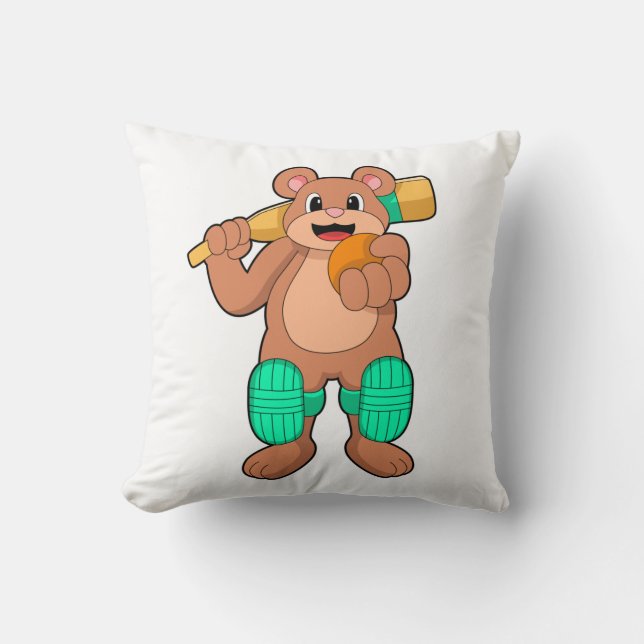 Bear at Cricket with Cricket bat Throw Pillow (Front)