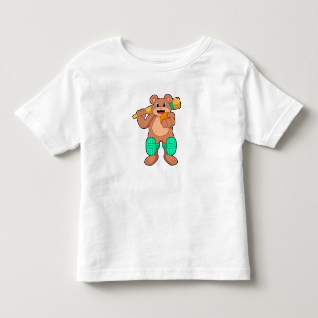 Bear at Cricket with Cricket bat Toddler T-shirt (Front)