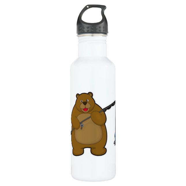 Bear at Fishing with Fishing rod & Fish Stainless Steel Water Bottle (Front)
