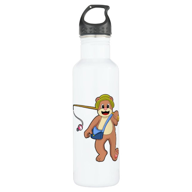 Bear at Fishing with Fishing rod Stainless Steel Water Bottle (Front)