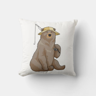 Bear at Fishing with Fishing rod Throw Pillow