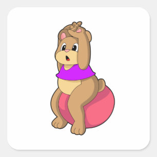 Bear at Fitness with Exercise ball.PNG Square Sticker