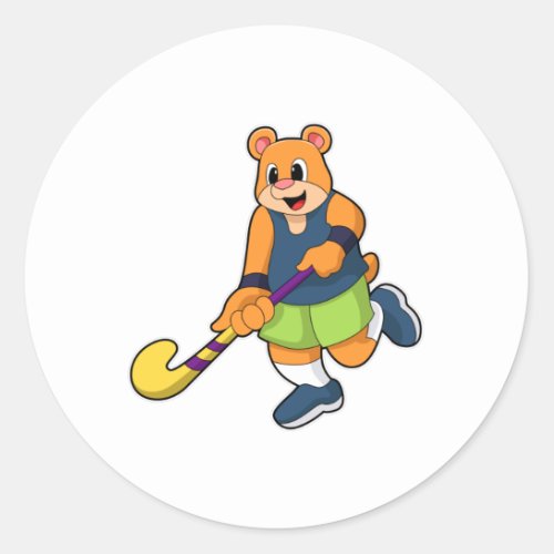 Bear at Hockey with Hockey bat Classic Round Sticker