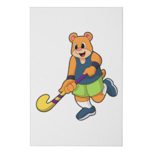 Bear at Hockey with Hockey bat Faux Canvas Print