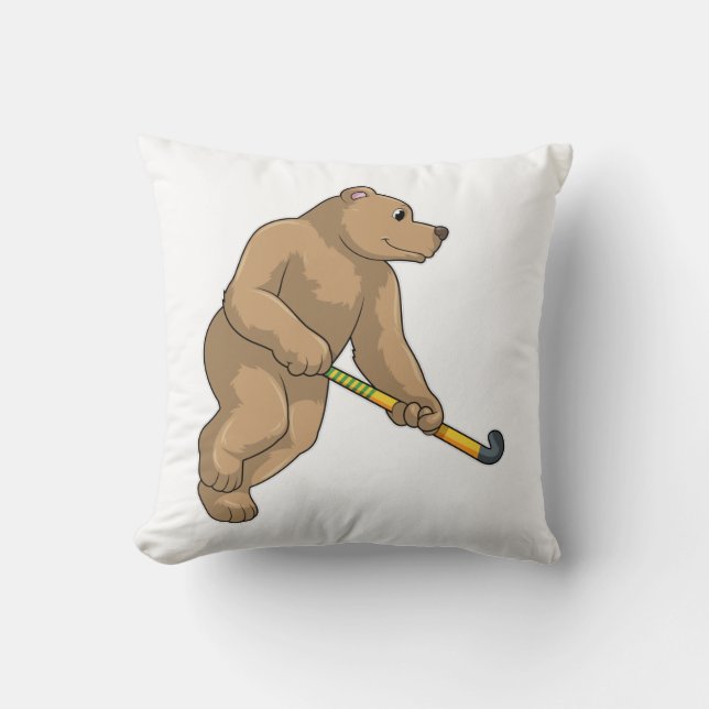 Bear at Hockey with Hockey bat Throw Pillow (Front)
