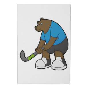 Bear at Hockey with Hockey stick Faux Canvas Print