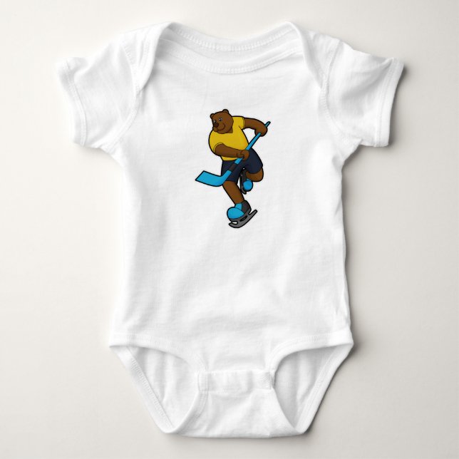 Bear at Ice hockey with Ice hockey stick Baby Bodysuit (Front)