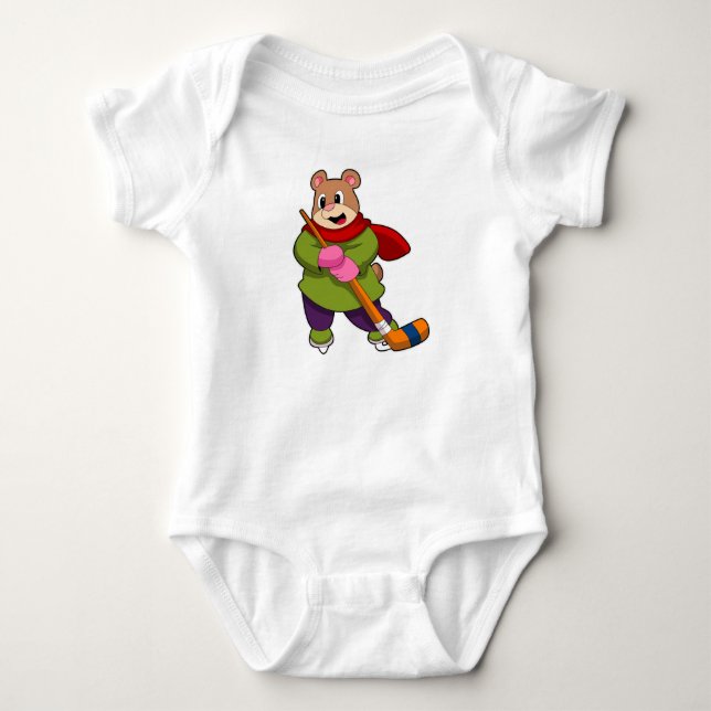 Bear at Ice hockey with Ice hockey stick Baby Bodysuit (Front)