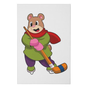 Bear at Ice hockey with Ice hockey stick Faux Canvas Print