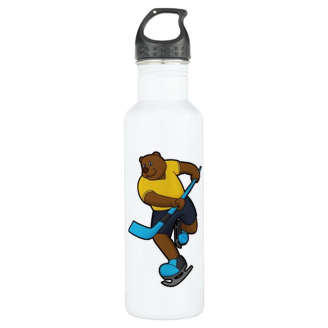 Bear at Ice hockey with Ice hockey stick Stainless Steel Water Bottle (Front)