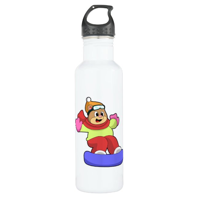 Bear at Snowboarding with Snowboard Stainless Steel Water Bottle (Front)