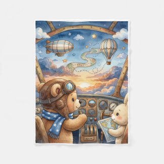 Bear Aviator Hot Air Balloon Sunset Journey Fleece Blanket