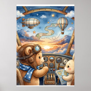 Bear Aviator Hot Air Balloon Sunset Journey Fleece Poster
