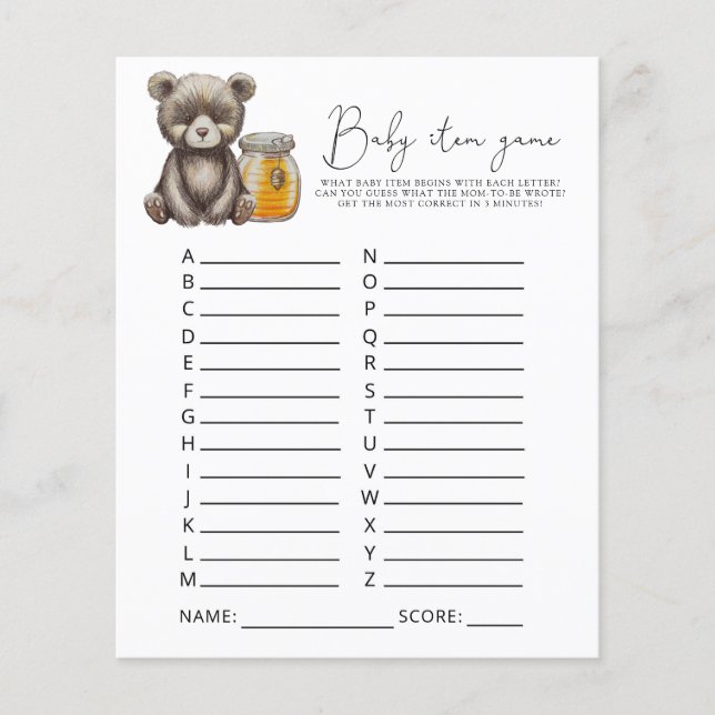 Bear Baby Item Game. Baby Shower Game (Front)
