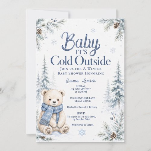 Bear Baby Its Cold Outside Snow Winter Baby Shower Invitation