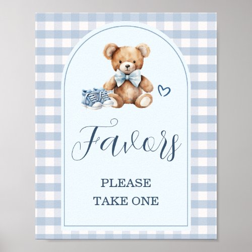 Bear Baby Shoes Blue Gingham Baby Shower Favors Poster