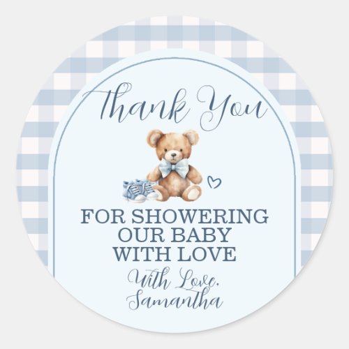 Bear Baby Shoes Blue Gingham Baby Shower Thank You Classic Round Sticker