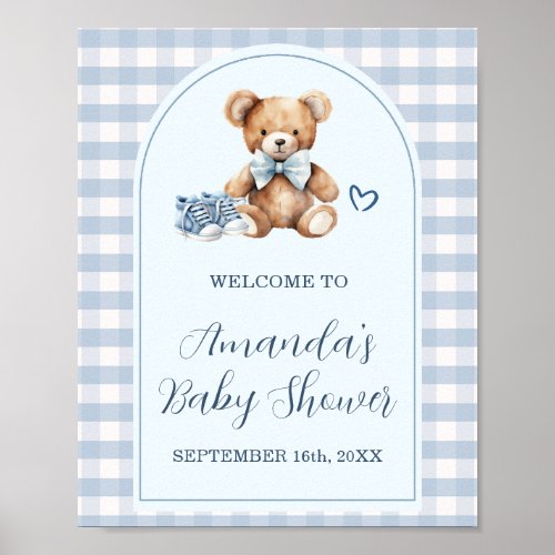 Bear Baby Shoes Blue Gingham Baby Shower Welcome Poster