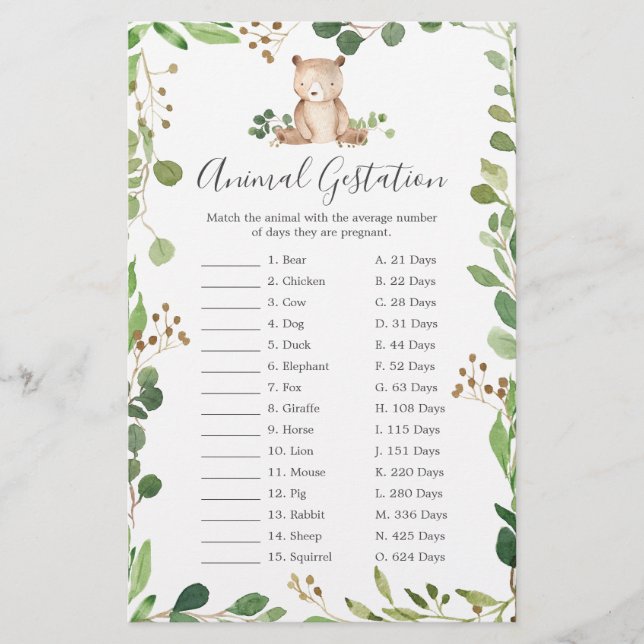 Bear Baby Shower Animal Gestation Game (Front)