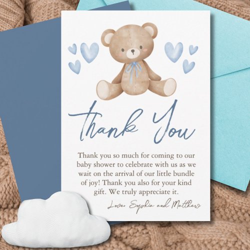 Bear Baby Shower Baby Boy Blue Hearts Thank You Card