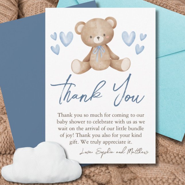 Bear Baby Shower, Baby Boy, Blue Hearts Thank You Card (Creator Uploaded)