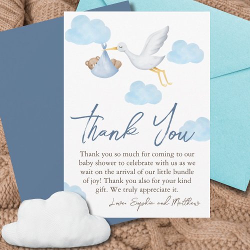 Bear Baby Shower Baby Boy Stork Delivery Thank You Card