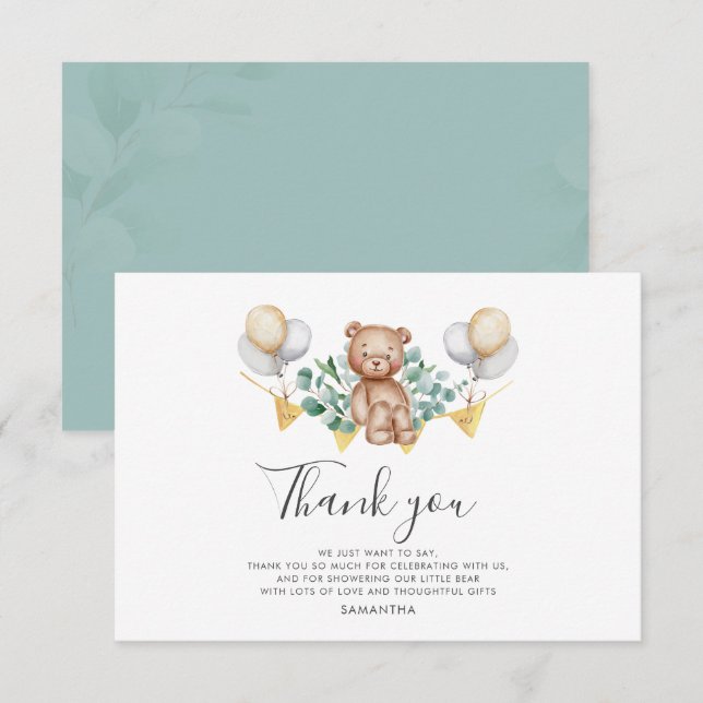 Bear Baby Shower Balloons Thank You Note Card (Front/Back)