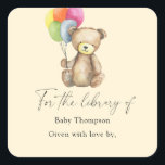 Bear - Baby Shower bookplate, books for baby Square Sticker<br><div class="desc">Elegant watercolor cute bear theme baby shower featuring hand painted illustration with colorful balloons. Matching items available.</div>