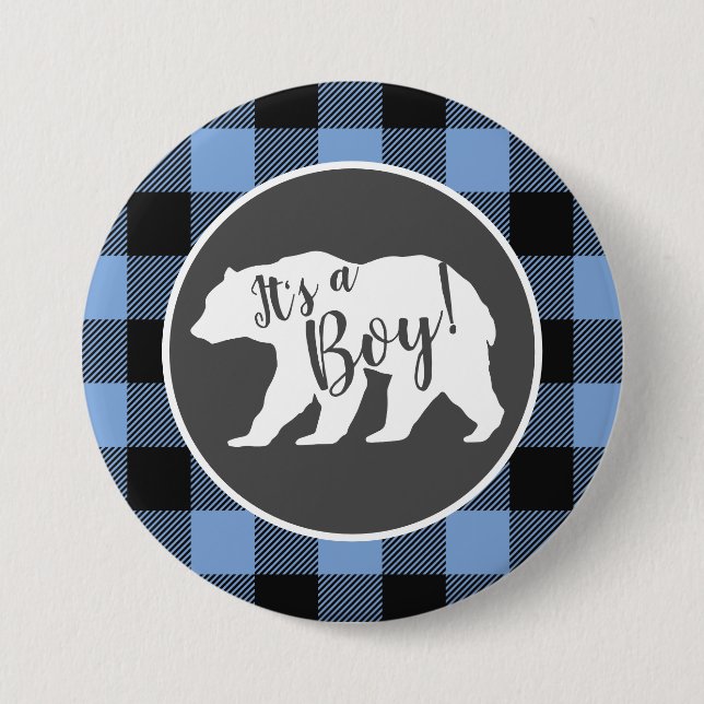 Bear Baby Shower Boy Blue Button (Front)
