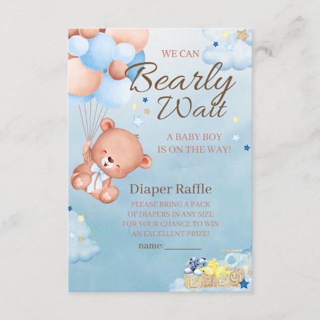 Bear Baby Shower Boy Diaper Raffle Enclosure Card (Front)