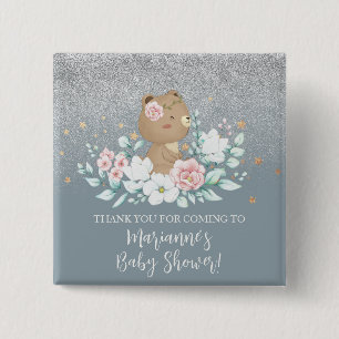 Bear Baby Shower Floral Glitter Muted Blue Button