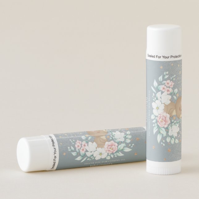  Bear Baby Shower Floral Glitter Muted Blue Lip Balm (Front)