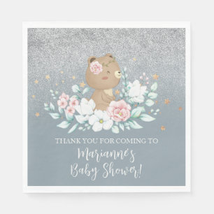  Bear Baby Shower Floral Glitter Muted Blue  Napkins